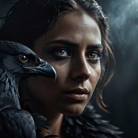 a cinematic scene of a young woman with a black crow and feathers. elaborately detailed, intricately detailed, cinematic realism. perfect eyes, perfect pupils, expressive eyes, insanely detailed face. detailed skin, natural skin, real skin texture. HD, 8k, volumetric lighting, dramatic lighting, clear -dark, smoky, dimly lit, hair backlight, ear backlight. film grain, cool colors, smoke, particle fx, fog, mysterious.