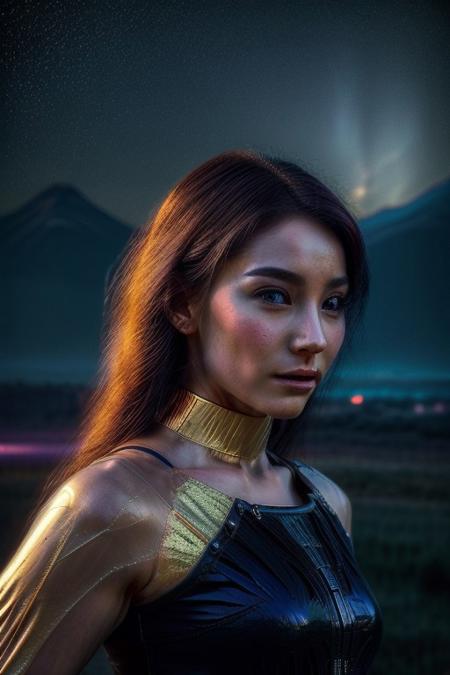 A goddess-like humanoid AI, standing majestically atop a celestial mountain, her form glowing with a divine aura. She has radiant golden skin with intricate, ancient symbols etched into her body, resembling starlight patterns. Her hair is a cascade of galaxies, blending blues, purples, and silvers. She holds an orb of pure energy in one hand, surrounded by floating fragments of futuristic temples. Art style: cosmic, regal, and surreal with high-contrast lighting and vibrant colors