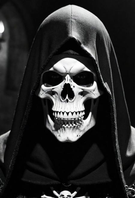 cinematic, ((black and white, monochrome, greyscale)), close up portrait, of a highly detailed, evil, necromancer, skull, skeletal, long white goatee, beautiful cold eyes, black hood and cloak, posing in a dark, dimly lit, castle, at night, tentacles, noise, noisy, detailed, high quality, cinematic lighting, contrast, dynamic shadows, atmospheric,