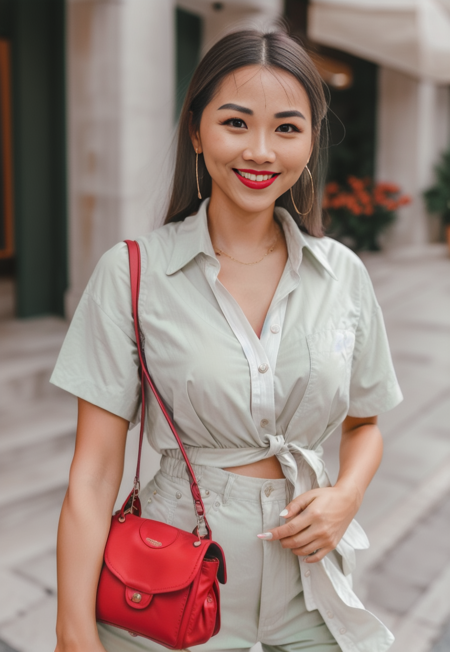 photo of a woman in a green shirt, holding a purse, her hands folded out in front of her, red lip, white teeth, high detailed skin, skin pores, 8k uhd, dslr, soft lighting, high quality, film grain, Fujifilm XT3, dynamic pose,