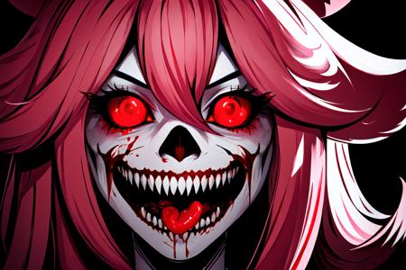 Highly detailed, High Quality, Masterpiece, beautiful, Exe, <lora:Exe:0.8>, teeth, horror (theme), red eyes, smile, sharp teeth, glowing, dark, blood, tongue, grin, glowing eyes, evil smile, solo, yae miko, long hair, pink hair, animal ears, <lora:Char_GenshinImpact_YaeMiko:0.7>