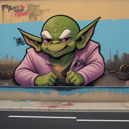 (Masterpiece of painting:1.3), modern streetart, graffitti art, writing, character, on a wall, huge, large, crazy painting, thick outlines, flat style, highlights, fadings, shading, (flat comic style character:1.3), simple color scheme, mascot, goblin, highly detailed, impressive, surprising, meaningful, fullscreen, taggings, frameless,