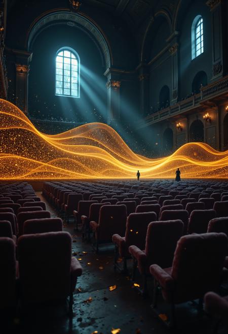 A surreal, abstract, ethereal image visually representing the memory of a sound: a single, final cello note played in an empty, cavernous concert hall. The image is not of a cello or a player. Instead, the center of the composition is a stable, perfect, shimmering wave of golden light, shaped like a soundwave, that hangs frozen in the air. This light-form is slowly crystallizing into intricate, geometric, amber-like structures at its edges. From this central form, ripples of distorted space, like heat haze or water, emanate outwards, subtly warping the architecture of the background. The background is a vast, empty concert hall made of dark, polished wood and decaying velvet seats, all seen through a dream-like, soft-focus filter. Dust motes, rendered as tiny, self-illuminated orbs, float in the air. The only other light is a sliver of cold, blue moonlight coming from a single, high, arched window, which illuminates the dust but is overpowered by the central golden soundwave. The overall mood is one of profound, beautiful, and final silence. Conceptual art, high contrast, emotionally resonant.