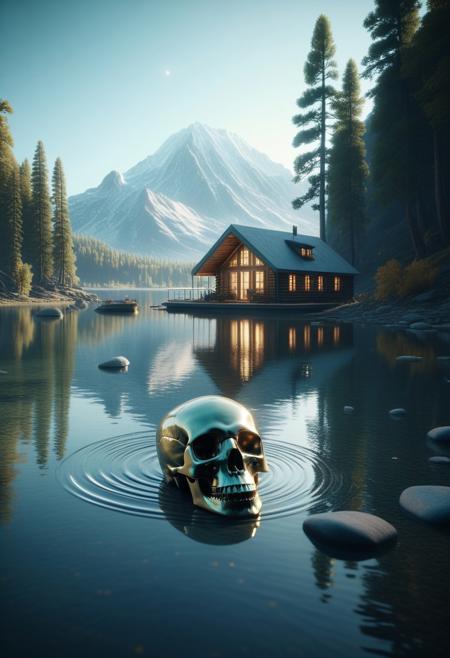 scenery of a cabin at the shore of a lake with dust particles reflecting sunlight with giant skull formed alien ship laying at the middle of the lake in the style of beeple and mike winkelmann and dan mumford, mystical colors, rim light, beautiful lighting, 8k, stunning scene, raytracing, octane, trending on artstation, cinematic, hyperrealism, octane render, cinematic light, macro, depth of field, bokeh, 8k, medium-format print, full-color print, beautiful composition, intricate details, high resolution, artstation 4k ultra hd, masterpiece, 8k, intricate, detailed, photorealistic 8k image,