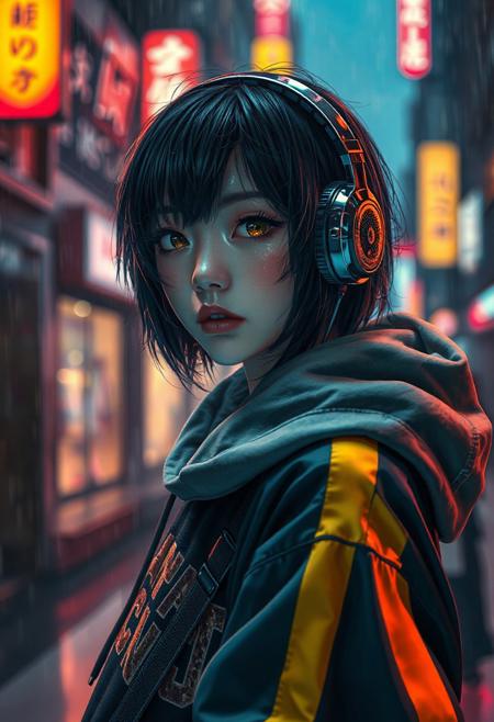 A 4K photorealistic photograph  of a Half-Japanese  male hacker. More Caucasian with freckled nose and cheeks. Black hair with golden frosted tips. Aged 28. Cyberpunk clothing. Hi tech chrome and carbon fibre one eared headset. Bold graphic styled Hoodie with Japanese lettering down a sleeve and a bold golden stripe down each sleeve   The girls eye pupils have swirling Galaxy of stars and specks floating in a nebula pattern   Posed in front of a Rainy city at nite