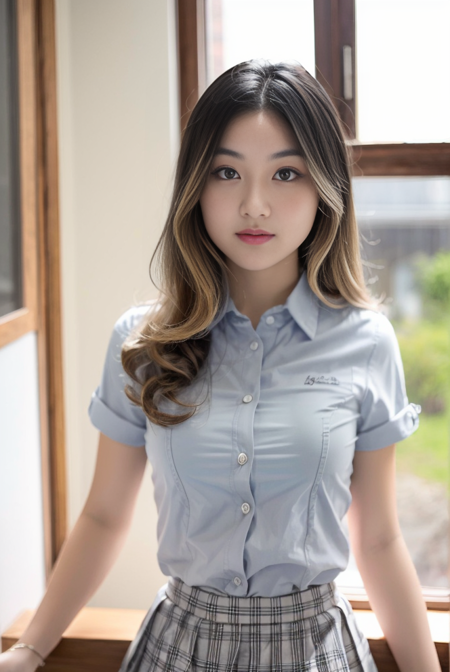 masterpiece, best quality, ultra-detailed, illustration, colorful, depth of field, 
calssroom, school uniform, white collared shirt, grey skirt, pleated skirt, 
,1girl, medium breasts, wavy hair,  detailed skin texture, detailed cloth texture, beautiful detailed face,
<lora:epi_noiseoffset2:0.85> <lora:ShannonnW:0.85>