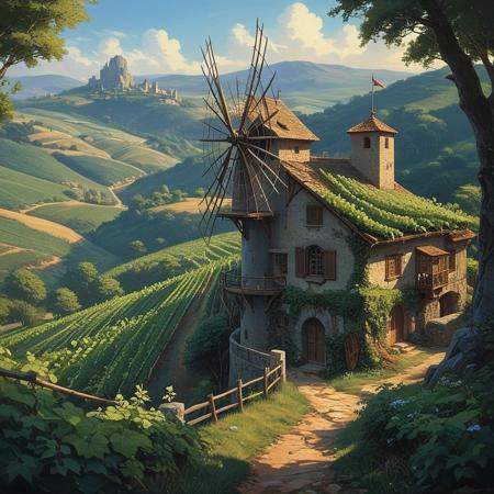 hyperrealistic art  a wanderer between worlds in flowing clothes, (epic landscape:1.5),  (style Ghibli drawing), (style Ghibli painting),best quality, masterpiece, extremely detailed,  professional  art,  professional painting, an extremely delicate and beautiful, dynamic,  great lighting, perfect shading, professional shading, depth of field,   side soft light, elegant, gorgeous, highly detailed,   full shot, uncropped,   pure genious, absolutely perfect,  highly detailed, breathtaking,
Vineyard on steep slate slopes, woodpecker cavity in trunk, horizontal windmill blades,miller adjusting sails , extremely high-resolution details, photographic, realism pushed to extreme, fine texture, incredibly lifelike, Cybernetic flora illustration style, blends plant life with cybernetic elements, dynamic and futuristic composition, professional-grade execution, captures the beauty of bio-mechanical fusion, evokes a sense of innovation and natural harmony
