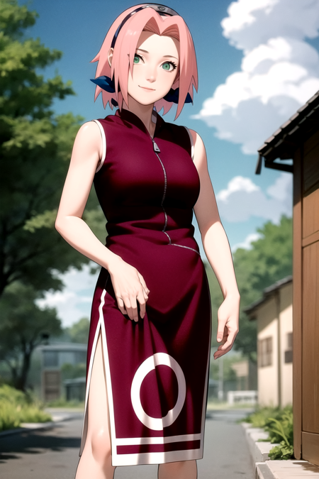 masterpiece, best quality, 1girl,haruno sakura, pink hair, short hair, green eyes, forehead protector, smile, standing, blue sky, cloud, hidden village <lora:Sakura:1>