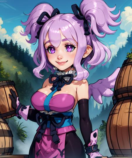 ceefore,purple hair,twintails,purple eyes,
wings,black pantyhose,hair ribbon,elbow gloves,bare shoulders,detached sleeves,pink top,
upper body,standing,
smile,outdoors,barrels,
(insanely detailed, beautiful detailed face, masterpiece, beautiful detailed eyes, best quality),solo,<lora:ceefore-10D7v8:0.8>,