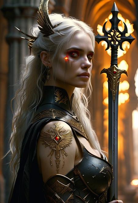 A striking figure stands within the ruins of a broken cathedral, embodying the perfect blend of saintly purity and demonic seduction. She has long silver hair cascading down her back, and her glowing red eyes are both captivating and unnerving, exuding a divine, intense gaze. A halo emanates holy light above her head, casting a divine glow around her, while her black demonic wings, adorned with gold accents, spread majestically behind her, adding to her contradictory allure.
Her armor is a masterpiece of gothic design, combining dark metallic and leather elements with holy gold accents, creating an intricate and detailed appearance. In one hand, she holds a majestic sword glowing with holy power, while the other hand grips a shield decorated with angelic symbols. Her posture is both powerful and seductive, exuding confidence and dominance.
Glowing runes and magical tattoos are etched into her exposed skin, adding to her otherworldly and ethereal presence. Her expression is one of serene purity and seductive allure, with a smile that is both inviting and menacing. She looks directly at the viewer, her gaze intense and mesmerizing, embodying the ultimate paradox of light and dark, saintly and sinful.