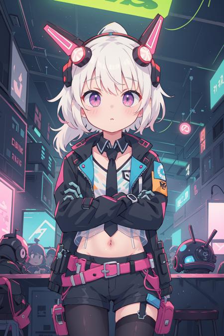 (flat color),(colorful),(masterpiece:1.2),best quality,
1girl,white hair,slightly curly hair,expressionless,ponytail,
mecha bodysuit,mecha museum,mechanical parts,robot joints,((headgear)),cyberpunk,neon_trim,glowing neon lights,
open jacket,black sheer pantyhose,visible through (sheer crop top),shirt,
garter,necktie,navel,crossed arms,
techwear jacket,with buckle and tape,black gloves,tactical vest,cyberhelmet,cyborg,(helmet),