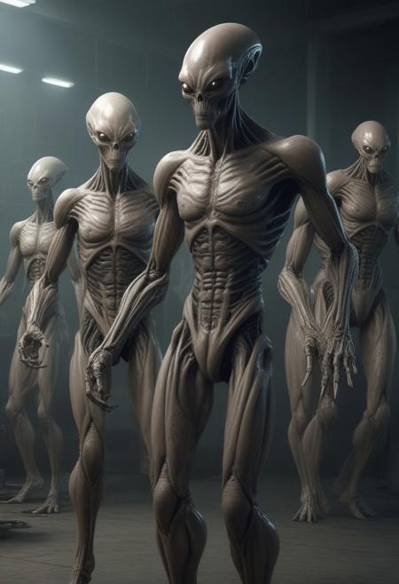 group of gigantic humanoid aliens with bionic implants