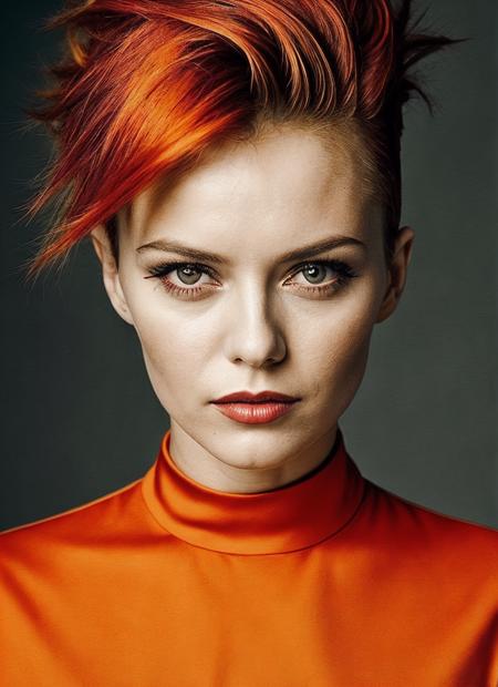 portrait of sks woman by Flora Borsi, style by Flora Borsi, bold, bright colours, orange Mohawk haircut, ((Flora Borsi)), <lora:locon_vanessaparadis_v1_from_v1_64_32:1>