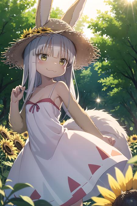 Masterpiece, (Nanachi), :3,summer dress, summer hat, sunflowers, cowboy shot, fluffy, posing, in nature, beautifully detailed scene, trees,  natural volumetric lighting, lens flare,