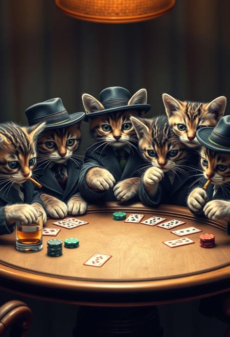 A hyper-stylistic, extremely detailed image depicts a group of kittens dressed as 1940s mobsters, sitting at a round table playing poker. Each kitten is adorned in a miniature fedora, suit, and tie, complete with a tiny cigar clenched between their teeth. The table is a swirl of activity, with cards, chips, and whiskey glasses scattered about. The kittens' eyes gleam with mischief as they study their hands, their little paws hovering over the cards. Every detail of the image is meticulously crafted, from the intricate, textured patterns on the kittens' suits to the delicate, nuanced expressions on their faces. The overall effect is one of adorable, comedic gangster charm, as if the viewer has stumbled upon a secret, high-stakes kitten poker game. highest-Quality, intricate details, visually stunning, Masterpiece