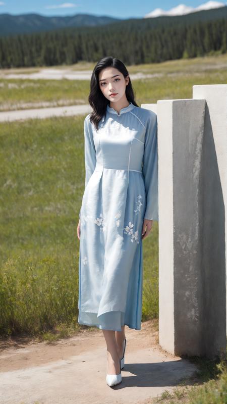 (masterpiece,best quality:1.5),ultra realistic,32k,RAW photo,
( short hair ,black hair:1.1),deep purple aodai,(full body:1.2),white  high heels,
(lady:1.2), brown eyes,  summer day , Yellowstone National Park, United States
<lora:aodai:0.7:INM>,<lora:aodainam:0.3:IND>