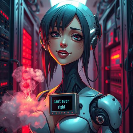 android girl, young woman, cyberpunk, scifi, sparks from her body, sexy, ((head tilted)), smoke from her body, eyes crossed, awkward, funny face, silly expression, dazed, monitor in her chest that reads "can't even right now", drooling, broken, in a server room, wires, red warning lights, smile, lips parted, head cocked to side,