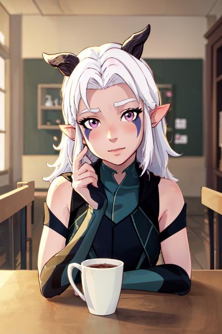 masterpiece, best quality,1girl, <lora:rayla-12:0.8>,rayla,facial marks,standing,head tilt,looking at viewer,<lora:acrossTableConcept_v10:1>,elbows on table, cup, blurry background, indoors, upper body