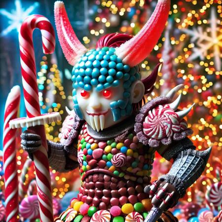 CHRC4ND7, weapon, sword, solo, armor made of candy, 1boy, male focus, holding, dual wielding, samurai, helmet, katana, horns, holding weapon, japanese armor, holding sword, colored skin, red eyes, full body, fighting stance, candy background, glowing, glowing eyes, sheath, standing, gloves, teeth, japanese clothes, red hair, shoulder armor, demon, looking at viewer, mask, ponytail, fangs, Christmas background, blue skin, sharp teeth,