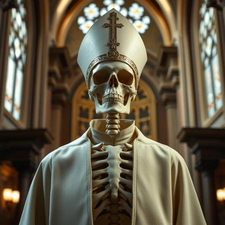 A skeleton of a priest in a cathedral realistic photograph