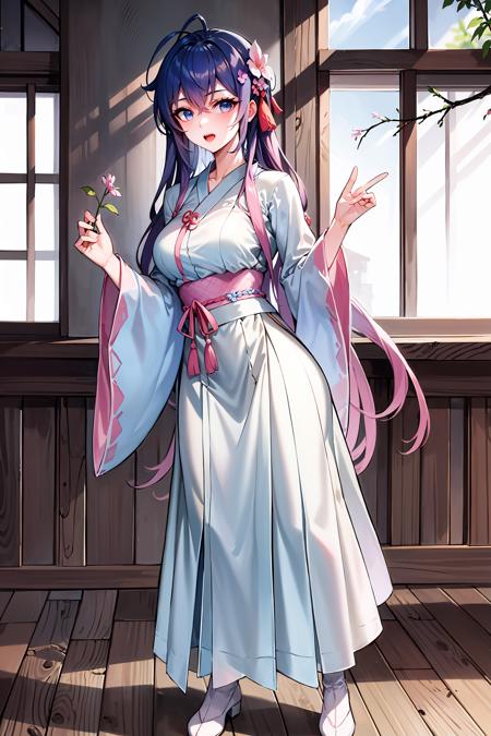 (masterpiece:1.2), mistress, best quality, ultra high res, shiny skin, fashi-g, mature female, ultra high res, perfect anatomy, best shadow, best quality,  ((1girl, solo)), cherry blossoms, hair ornament, branch, long hair, large breasts, open_mouth, looking at viewer, solo, very long hair, indoors, round window, long sleeves, pink flower, blue eyes, blue-pink hair, bangs, hanfu, dress, hair between eyes, flower,  cloudy sky,  full body, <lyco:fashionGirl_v54:0.1> <lora:汉服:0.4>, <lora:唐舞桐:0.8>
