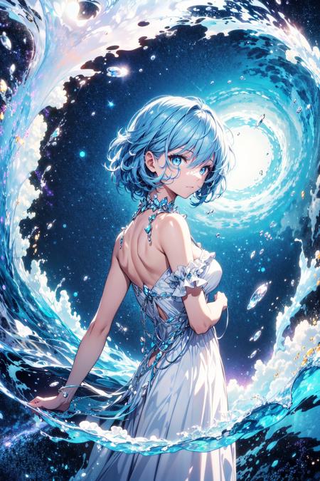 absurdres, highres, (official art, beautiful and aesthetic:1.2), (close view:1.15), 
(1girl, blue hair, middle hair, blue eyes, shining eyes, white long dress, Blue Frill,:1.2), 
blue sky, Sparkling Galaxy, (Salar de Uyuni:1.2), (fractal art:0.8), 
water effects, ripple effects, (flower effects:0.65), light effects,