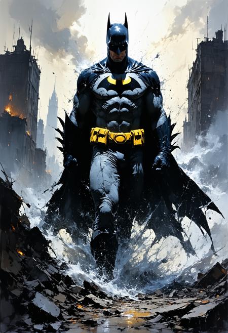 Batman emerges from a monochrome storm, his cape a tidal wave of ink swallowing a crumbling Gotham penthouse (extreme low angle, horizon tilted 30°). Sin City’s nihilist edge: the world is shredded newsprint and India ink, except the glowing sulfur-yellow Bat-symbol. Frank Miller’s chiaroscuro hones his silhouette: block-jawed cowl, cape hooks sharp as guillotine blades. Rain isn’t water but slashes of erased white, dissolving into the void below. No face, no skin—just the emblem’s feverish hum and the creak of leather under siege. A shattered "HAHAHA" graffito bleeds rust-red in the distant alley.