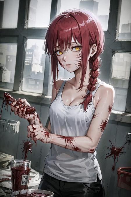 1girl, bangs, bare shoulders, bite mark, bleeding, blood, blood from eyes, blood from mouth, blood on clothes, blood on face, blood on hands, blood on knife, blood on weapon, blood splatter, blood stain, braid, braided ponytail, breasts, bruise, bruise on face, chainsaw, cleavage, collarbone, corpse, cuts, death, dirty, dirty clothes, dirty face, expressionless, guro, hickey, injury, ketchup, lipstick mark, long hair, looking at viewer, makima \(chainsaw man\), medium breasts, nosebleed, paint, paint splatter, pink blood, pool of blood, ringed eyes, scar, scratches, solo, stab, tank top, window, yellow eyes <lora:makimav1:0.6>