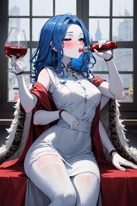 masterpiece, best quality, absurdres, perfect anatomy, 1girl, solo, Ranni, wavy hair, blue skin, cracked skin, extra arms, extra faces, doll, joints, doll joints, white dress, cloak, Chugging, alcohol, holding bottle, wine bottles, drunk, blush, <lora:Chugging:1>, <lora:RanniV3:0.9>