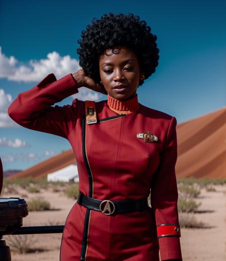 full body,african woman with afro in twokunf black and red uniform, on desert planet,touching her head, 8k uhd, dslr, soft lighting, high quality, film grain,masterpiece quality,Fujifilm XT3<lora:TWOKunf:0.8>