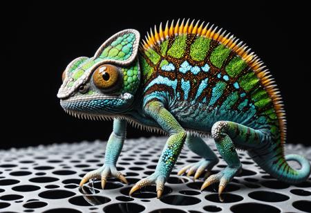 Fantastical  blending a chameleon and a shape-shifting alien, with a metamorphic, nanomaterial skin and an inner plasma core, photographed in a magnetic field using ferrofluid photography and radio telescope imaging.
<lora:grainy-v1:0.7>