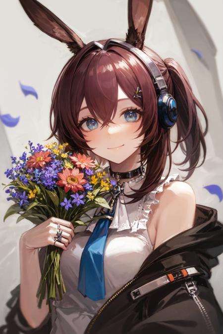 masterpiece, best quality, extremely detailed, detailed background, detailed face, 1girl, amiya (arknights), solo, animal ears, rabbit ears, flower, headphones, blue eyes, brown hair, ring, jewelry, long hair, holding, jacket, looking at viewer, multiple rings, open clothes, white background, upper body, shirt, weibo logo, long sleeves, open jacket, blue ascot, bouquet, ascot, white flower, black jacket, blue collar, off shoulder, holding bouquet, bangs, orange flower, smile, hair between eyes, simple background, closed mouth, ponytail, red flower, sleeveless shirt, white shirt, hand up, sidelocks, pink flower, petals, sleeveless, blue choker, neck ring, rabbit girl, hair ornament