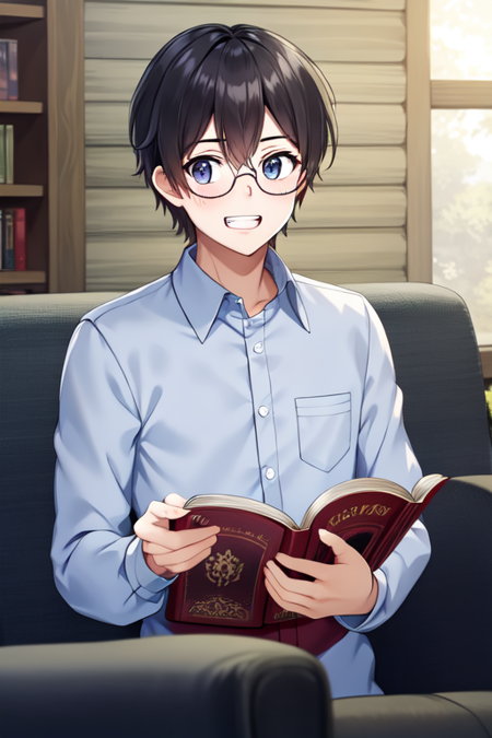 ccanatoly, glasses, :d, facing viewer, sparkle, dress shirt, clenched teeth, holding, sitting, book, couch, holding book, open book, reading