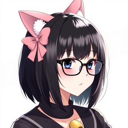 Black hair,  short woman, fringe hairstyle, bob hairstyle, anime, black glasses, pink bow, cat ears, yellow bell necklace