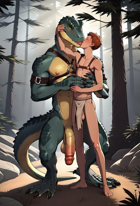 score_9, score_8_up,score_4_down, score_5, score_6, hd, best quality,, soft lighting, skinny human twink kissing a large male lizardman, The lizardman is wearing a loincloth and leather harness, Kissing, forest,  woodland setting, semi feral, green lizardman, male on anthro, (size difference:1.5), yaoi, swollen nipples, ((lizardmad has a huge penis)), flaccid penis, fondling, rating_explicit