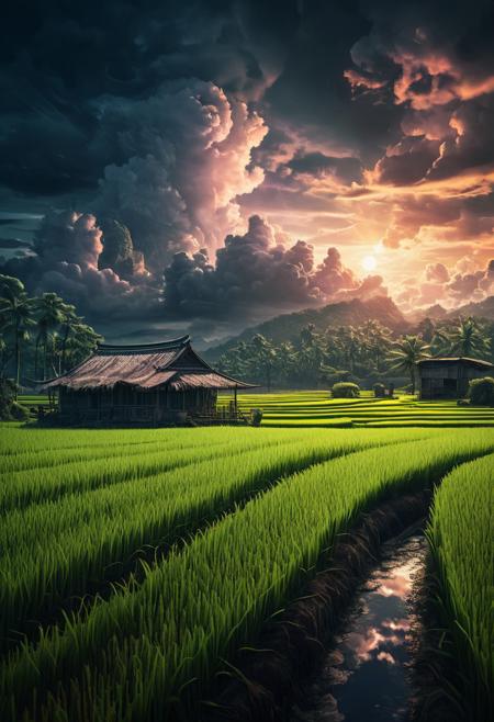 Asian rice plantation, masterpiece, best quality, double exposure, realistic, whimsical, fantastic, intricate detailed, hyperdetailed, maximalist style, psychedelic, post-apocalyptic, photorealistic, concept art, sharp focus, harmony, serenity, tranquility,
surrounding clouds, mysterious glow, 
ambient occlusion, halation, cozy ambient lighting, dynamic lighting, liiv1, linquivera, metix, mentixis, masterpiece, award winning,
