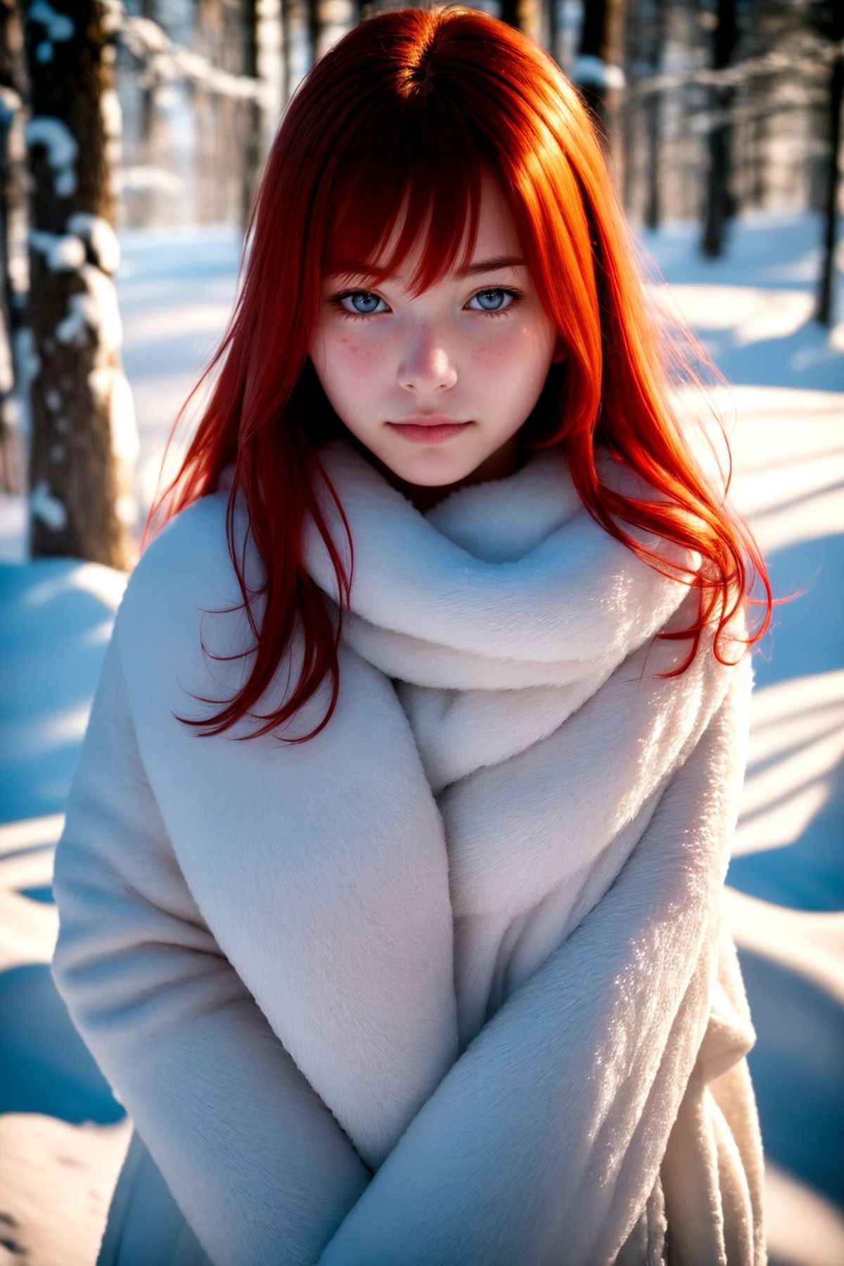 A beautiful redheaded woman wrapped in a white fur coat.