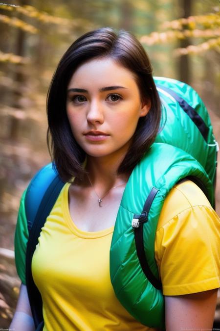 a stunningly beautiful young woman, shoulder length brunette hair, white yellow tee shirt, hiking backpack, upper body, (close up), 8k, raw, uhd, fujifilm x-t3, ((candid, amateur)), close up, [happy], pale, on a hike in the mountains, <lora:brookeLeeAdams:1>