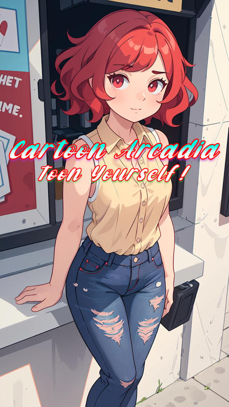 masterpiece, best quality, 1girl, red hair, wavy hair, very short hair, collared shirt, partially unbuttoned, cutoff jeans, mature female, cartoon style, chubby girl, public places ,feet out of frame, sleeveless