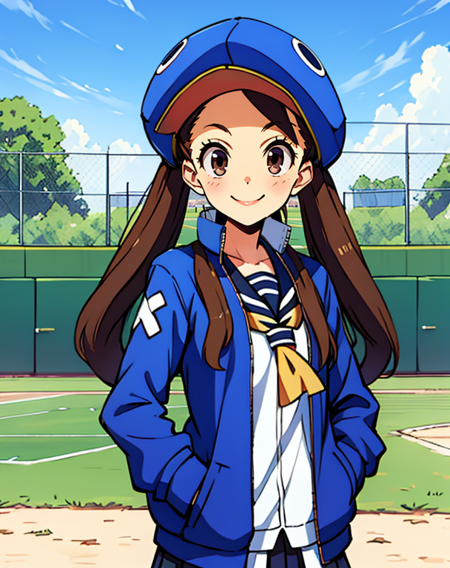 Fuka,brown hair,twintails,brown eyes,smiling,
hands in pockets,blue hat,school uniform,blue jacket,
standing,
baseball field,morning,
(insanely detailed, masterpiece, best quality),<lora:Fuka:0.9>,