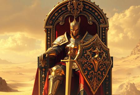 Golden Phantom Knights of Silent Boots knight on throne, desert vista, ornate gold armor, red cape, matching gold shield & sword, baroque painting, dramatic lighting, trending on Artstation, 4k, octane render, unreal engine 5, hyperrealistic, detailed face, vivid emotion, CGSociety, golden ratio, isometric, splash ink illustration, grammer effect style.