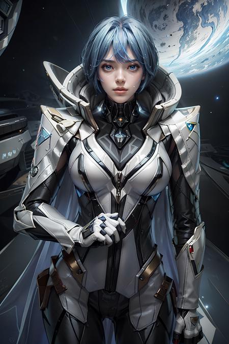 <lora:florentino_interstellar_council:0.8>, florentino_interstellar_council, looking at viewer, bangs, blue eyes, (1girl:1.2), closed mouth, blue hair, short hair, standing, looking at viewer, breasts, large breasts, very large breasts, cowboy shot, armor, shoulder armor, coat, facial hair, gauntlets, long sleeves, jacket, weapon, boots, shiny, pants, black pants, cape, holding weapon, sword, white footwear, knee boots, outdoors, sky, day, cloud, wate, scenery, smoke, flying, science fiction, realistic, aircraft, space, vehicle focus, planet, spacecraft, military, cloudy sky, building, science fiction, city, realistic, aircraft, military vehicle, cityscape, spacecraft, earth, <lora:add_detail:1>