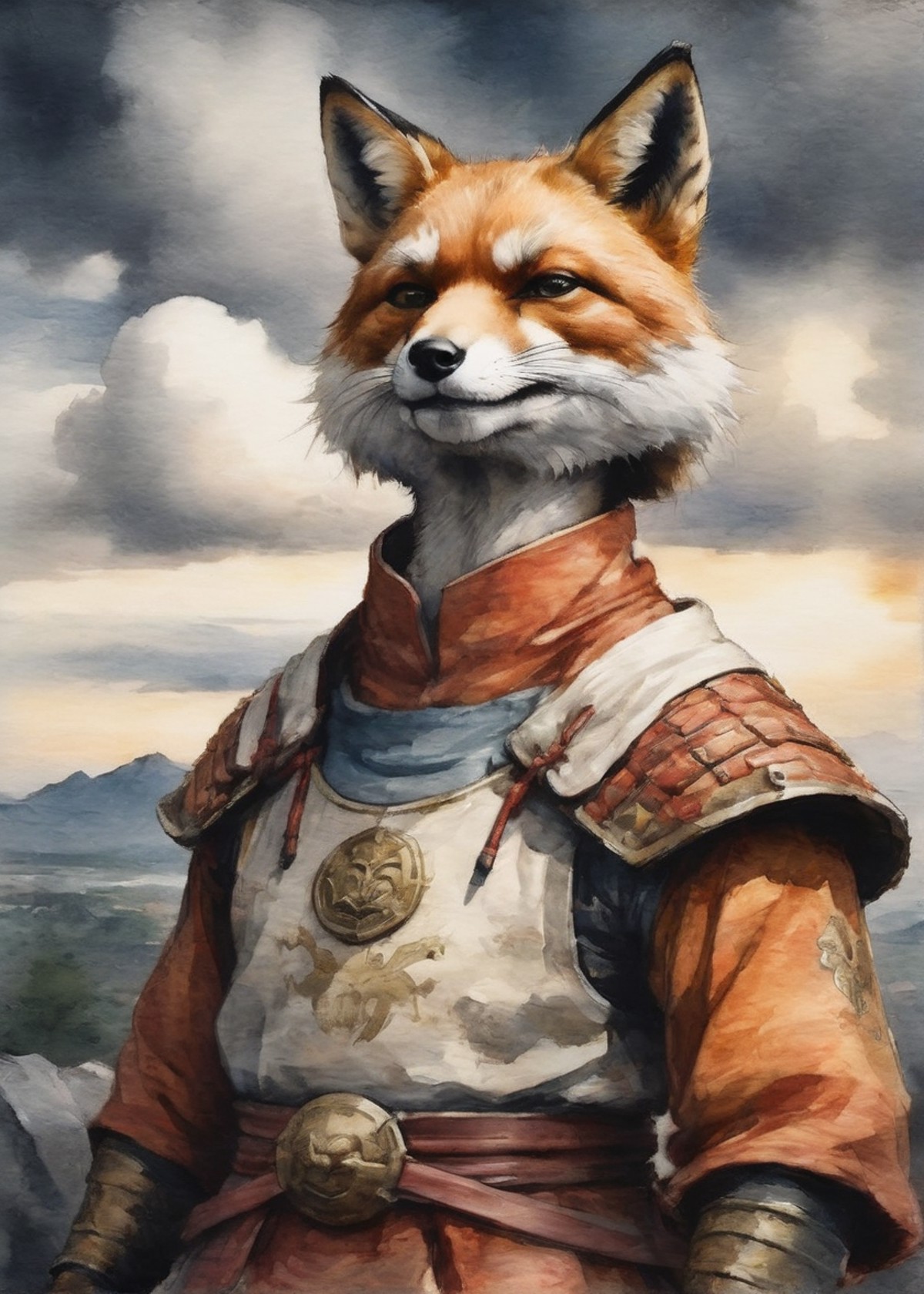 closeup portrait of an anthropomorphized fox samurai warrior on a rocky ledge under a dramatic sky