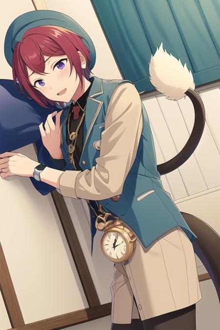 masterpiece, best quality, absurdres, cute, ultra-detailed, perfect anatomy, <lora:ensemble stars-000050:0.6>, indoors, suou tsukasa, ensemble stars, solo, 1boy, hat, tail, male focus, watch, pocket watch