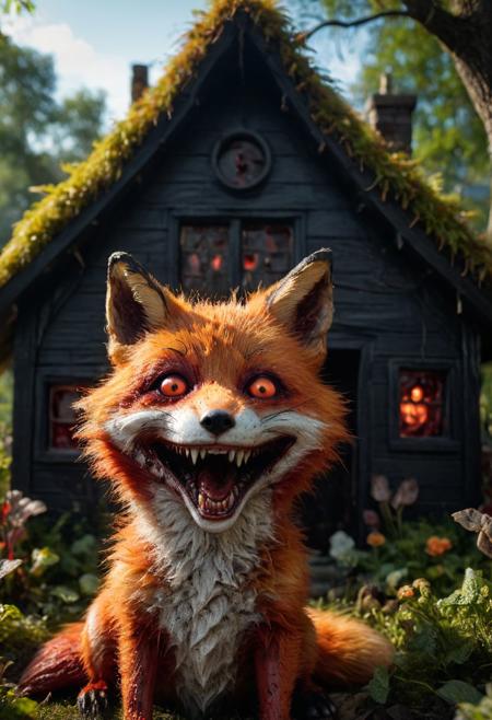 amazing quality, masterpiece, best quality, hyper detailed, ultra detailed, UHD, perfect anatomy, dof, portrait,  awesome, inspiring,  Expressiveh, realistic, high quality, 4K, absurd resolution, incredibly detailed, masterpiece, sharp, cute orange fox house garden, (creepy fox, skin bloody skin, dark fur, red eyes, evil smile:1.8), cute, happy, extremely detailed, no humans, extremely detailed scales, sunlight, realistic, high quality, detailed, shadows, glowing, bright colors, high contrast, vivd lighting, cinematic composition, soft shadows, national geographic style,