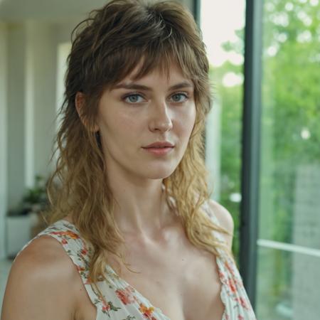 woman with a long shaggyMullet hair style, from front,  close up, photograph, looking at viewer, natural light, subject, 8k uhd, dslr, __cf-model/hair-color/other__ hair, bright eyes, wearing flowing summer dress, clean atmosphere,cleavage, model pose,
 <lora:concept_hair_shaggyMullet_sdxl_v1-shaggyMullet-000005:0.75>