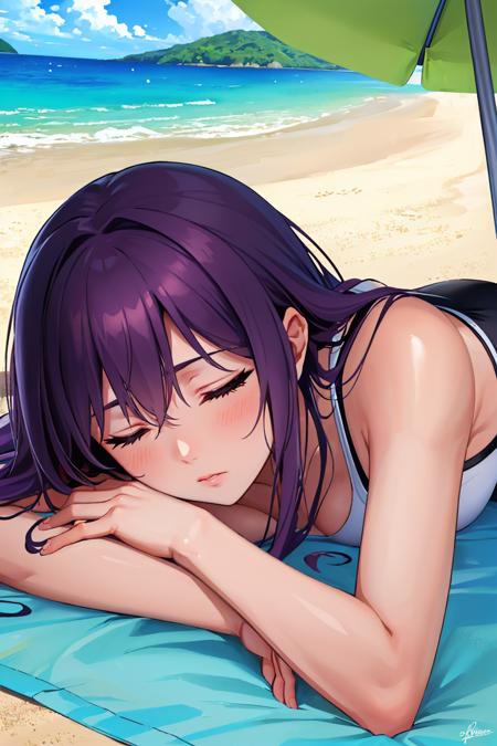 (masterpiece, best quality:1.2), solo, 1girl, expressionless, sunbathing, lying, purple hair, closed eyes, beach <lora:concept_sunbathing-10:1>