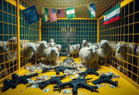 Inside a large, bright yellow cage, a mix of anthropomorphic sheep and humans interact, showcasing a blend of both species’ features in a surreal tableau. In the center of the cage, a menorah stands prominently, adding a layer of symbolism to the scene. The environment is illuminated with creepy lighting that casts unsettling shadows, enhancing the eerie atmosphere, while a pastel color palette softens the overall look. Scattered across the floor are euros and dollars, lying chaotically alongside hand grenades and M16 rifles. Above the cage, European Union, USA, Ukrainian, Israeli, and Iranian flags wave gently. The image captures a rich depth of field, emphasizing the contrast between the lively figures and the ominous presence of weapons and money