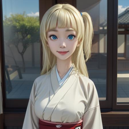 <lora:Shirara V1:0.8> Tsubaki Shirara, blue eyes, blonde hair, blonde thick eyebrows, colored eyebrows, pale skin, (long hair), (blunt bangs),
white kimono, dice pattern, 
<lora:side_up-1.0:0.5> su hair, side up, one side up, 
Masterpiece, Best quality, beautiful, ((upper body)), Human, looking at viewer, crisp, clear, Digital painting, oil painting, best quality, detailed hair, detailed background, detailed body, detailed eyes, full body, cute, smile, medium breast, round breast, perfect body, 1girl, solo, hands, young female,
east asian architecture, japanese clothes,
ultra high resolution, raw photo, deep shadow, low key, natural light,
<lora:Furtastic_Detailer:0.5> <lora:hairdetailer:0.5> <lora:skin_slider_v1:0.5>