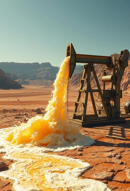 “A massive industrial oil extraction pump working tirelessly in the middle of a rugged desert landscape. Instead of crude oil, golden frothy beer gushes out from the pierced ground, splashing dramatically under the scorching sun. The scene is surreal, with foamy rivers of beer flowing through the cracked earth. The pump appears worn yet determined, its metallic arms glistening with condensation. The atmosphere is a mix of realism and absurdity, with a slightly exaggerated perspective to enhance the bizarre nature of the moment. Ultra-detailed, cinematic lighting, photorealistic textures, and a touch of painterly brushstrokes.”
